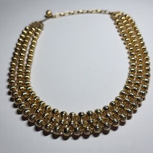 Vintage, Triple Strand, Gold Tone, Textured Beaded Mid-Century Modern Necklace